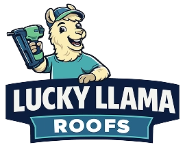 Cartoon llama wearing a cap and shirt holds a nail gun above the text "Lucky Llama Roofs.