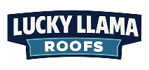 A logo with the words "Lucky Llama Roofs" in bold white letters on a dark blue and teal background.
