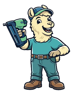 Cartoon llama wearing work clothes and a cap, holding a green and black nail gun, smiling and standing confidently.